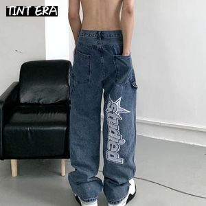 Odcień do ucha haft haftowe y2k jeansowe dżinsowe dżinsy luźne proste spodnie szerokie spodnie dla mężczyzn pary ładunki streetwearu koreańskie 240417