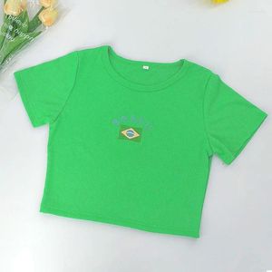 Women's T Shirts Crop Tops Y2K High Street Short Sleeved T-shirt For 2024 Summer Printed Brazil Fashion Green T-shirts Casual Tees