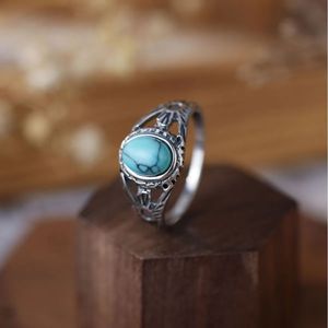 100% S925 Sterling Silver Simple Design Oval Turquoise Womens Ring Luxury Elegant Personalized Wedding 240424