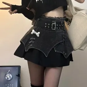 Skirts Summer Women Y2k Denim Skirt Mini Patchwork High Waist Slim Babes Jean Bow Ties Cute Black Short Sexy Skort