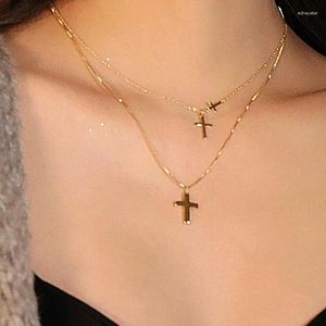 Anhänger Halsketten Einfache Doppelschicht Kreuz Halskette für Frauen eleganter Strasströpfchen Kette Fine Chokers Accessoires Mode Schmuck