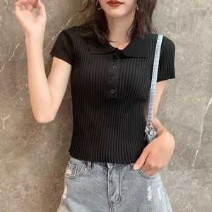 Women's Polos Female Tee Knitted Plain Slim Polo Clothing Trend 2024 Luxury On T-shirts Offer Short Sleeve Summer Basic In Synthetic