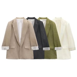 Spring Womens Fashion Linen Casual Roll Sleeves Loose Versatile Pocket Decoration Suit Coat 240424