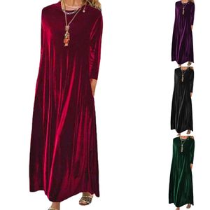 Frühling Neuankömmlinge europäische und amerikanische Stil Frauen bequem und montiert rundes Nacken -Schläfen Temperament elegante Feste Farbe langer Samtkleid AST1312