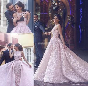 2019 Pink Lace Charming Evening Dresses Jewel Sleeveless ALine Formal Prom Gowns Cheap Custom Made Sweep Train Special Occasion W4870180