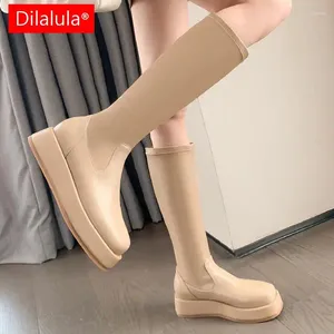 Stiefel Dilalula Frauen Knie hohe echtes Leder Schlanker langer Herbst Winter prägnant Mode Flats Plattformen Schuhe Frau lässig