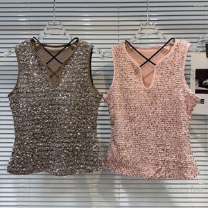 Kvinntankar 2024 Summer Cross Strap Design Tweed Sequined Girl Vest Top for Women Y2K Tank