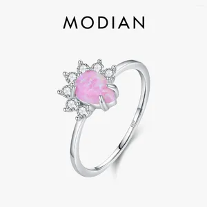 Cluster Rings Modian 925 Sterling Silver Exquisite Pink Opal for Women Trendy Corwn Design Wedding Anniversary Gift Fine Jewelry