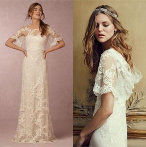 Vintage Country Wedding Dresses Sheath Beach Lace Appliques Floor Length Bridal Gowns Illusion Bateau Neck Short Sleeves Draped Ba8665158