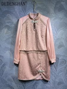 İş elbiseleri dldenghan bahar kadınlar stant yakalı fener kollu kazak üst disk toka etek boncuk Çin tarzı 2 parça set moda