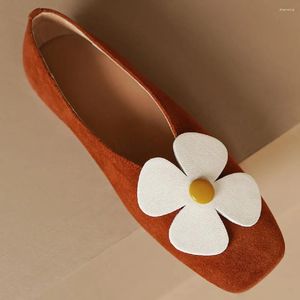 Casual Shoes Women's Genuine Leather Square Toe Slip-on Ballet Flats Leisure Soft Comfortable Sweet Flower Ballerians