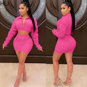 Work Dresses HLJ Spring Solid Ruched Mini Skirts Two Piece Sets Women V Neck Long Sleeve Crop Top Outfits Female 2pcs Streetwear