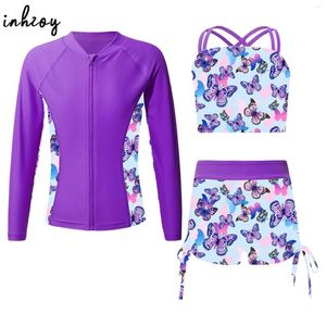 Swimwear's Swimwear Girls Beach Rash Guard Set Coat con cerniera a maniche lunghe con canotta e pantaloncini da nuoto da nuoto da bagno da sole a 3 pezzi.