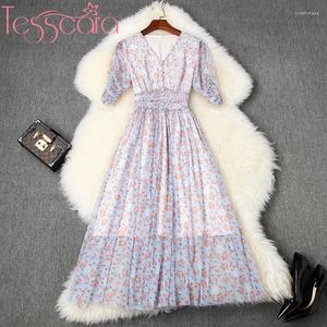 Party Dresses TESSCARA Women Runway Designer Elegant Floral Mesh Dress Festa High Quality Long Robe Femme Vintage Empire Waist Vestidos