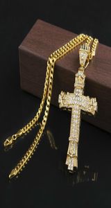 Retro Gümüş Cross Charm Kolye Tam Ice Out CZ Simüle Elmaslar Katolik Haç Kolye Uzun Küba Zinciri Kalça H8577503