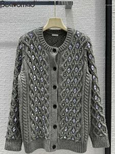 Women's Knits Fashion Runway Autumn Grey Color Wool Loose Cardigan O-Neck Crystal Beading Knitting Long Sleeve Sweaters