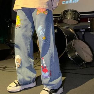 Männer und Frauen gerade losen Herbst im koreanischen Stil Cartoon gedruckte Jeans Pants Street Hip-Hop hübsches Neun-Punkte-Hosen Mode 240426