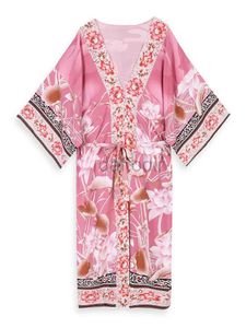 Women Beach Wear 2024 Сексуальные прикрытия бикини Boho Print Self Plant Front Open Kimono Элегантное платье Туник Женская пляжная ношение купальственное костюм Q996 D240501