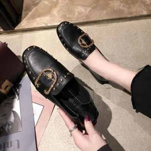 Casual Shoes Woman Footwear Loafers Low Heel Elegant Square Toe For Women Rivet Black Normal Leather Trend Price A