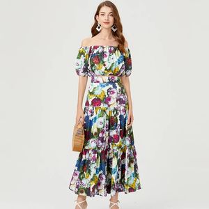 JAMERARY Summer Runway Brand Designer Floral Print Sexy Two Piece Women Sets Slash Neck Cropped Tops Long Maxi Skirts Suits 240429