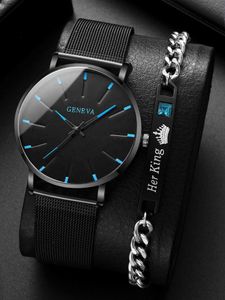 Wristwatches 2PCS Set 2023 Minimalist Mens Fashion Ultra Thin es Simple Men Business Stainless Steel Mesh Belt Quartz d240430