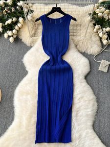 Casual Dresses SINGREINY Sleeveless Knit Long Dress Women O Neck Split Basic Fashion 2024 Soft High Quality Ladies Summer