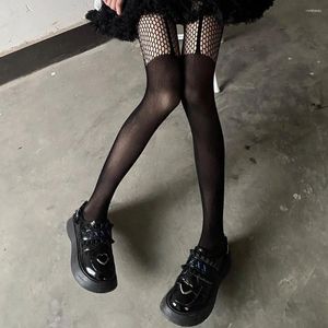 Women Socks Above Knee Mesh Fishnet Stockings Fashion Spice Girl Transparent Lace High Stripe Dress Decor Bow Long Scoks