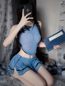 Arbetsklänningar sexig tryckt cheongsam enhetlig roll som spelar kjol set erotisk rygglös mode mjuk båge retro stil romantisk 7fry