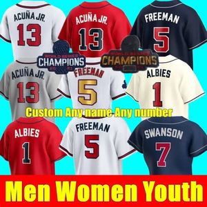 새로운 야구 유니폼 남성 여성 청소년 WS 골드 프로그램 저지 Dansby Swanson 13 Ronald Acuna Jr. Ozzie Albies 28 Matt Olson Freddie Freeman 27 Austin Brave Riley