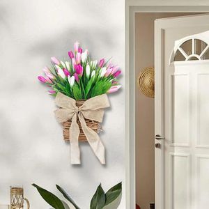 Decorative Flowers Artificial Tulip Spring Wreath Front Door Hanging Basket Garland For Courtyard Summer Indoor Outdoor Porch