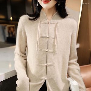 Kvinnors stickor Spring Autumn Pure Wool Cardigan Stand-up Collar Chinese Style Cashmere Knit Sweater Coat Fashion Loose Jacket