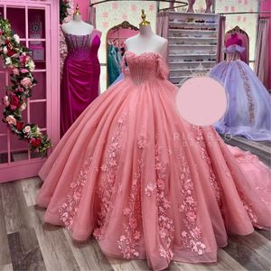 Pink Off The Shoulder Princess Ball Gown Quinceanera Dress 3D Flowers Applique Lace Beads Tull Sweet 16 Dress vestidos Birthday Party Gown
