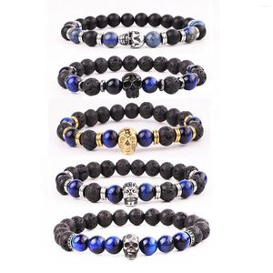 Strand Fashion High Quality Natural Stone Beads Stainless Steel Skull Charm Elastic Bracelet Jewelry Men