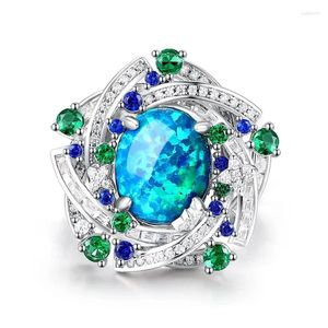 Cluster Rings ZOCA Selling S925 Sterling Silver Blue Opal For Women Carbon Gemstone Sun Flower Wedding Luxury Fine Jewelry