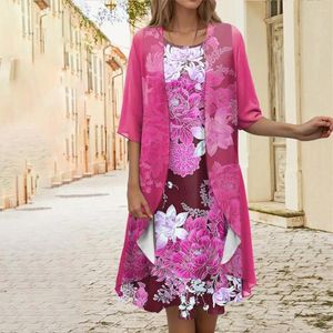 Casual Dresses Coat Dress Set Elegant Floral Print Midi med Sheer Mesh Cardigan Women's Kne Length O Neck Sleeveless For Mid-Ige