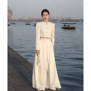 Women's Two Piece Pants Lnsozkdg Est Fashion Designer Suit Set Women Chinese Style National Wind Coil Buckle Blazer Pleated Loose 2pcs