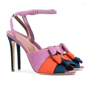 Sandals Summer Multi-color Bowtie Suede Patchwork Women Peep Toe Ankle Strap Buckle Female Gladiator Party High Heels