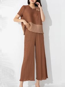 Miyake Pleated Fashion Set Two-Piece Women Summer Contrast Color Pullover Top High Waist Tight Edge Straight-Leg Pants 240422