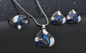 Boho Vintage Bride Wedding Crystal Water Drop Pendant Necklace Blue Opal Waterdrop Necklaces Sets Women Stone Jewelry3898018