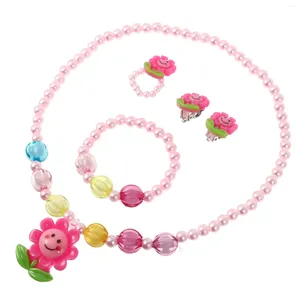 Necklace Earrings Set 4pcs Plastic Sunflower Bracelet Ring Earring Stylish Kids Jewelry