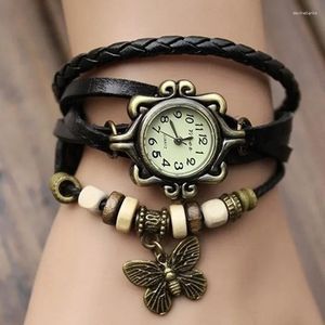 Strand Damen lässig Vintage Vintage Mehrschicht Schmetterling Kunstleder Armband Armband Uhr Damen weibliche Uhr Mode Mode