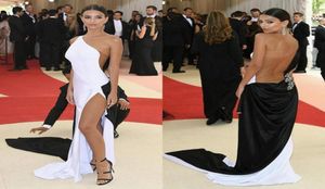 Sexig Met Gala Celebrity Evening Dresses One Shoulder High Split Tulle Elastic Satin Black White Long Prom Dresses Tan See Through 9796105