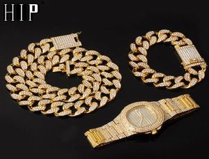 Hiphop 20mm 3st Set Miami Cuban Chain Necklace Armband Watch Iced Out Paled Rhinestones CZ Rapper Halsband för män smycken Y2694489