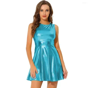 Casual Dresses Summer Shiny Metallic Sleeveless Mini A-line Dress For Womens Round Neck Slim Flared Sundress Femme Evening Party Sexy