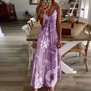 Plus Size Spring Summer Dress Purple Floral Print V-ringen Långa klänningar Casual Bohemian Sleeveless Women Beach Party 240425