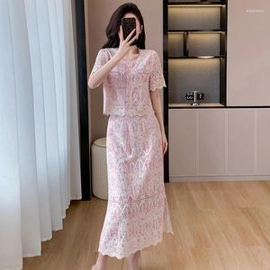 Work Dresses Fashion Summer Pink Two Piece Set Chic Women O Neck Embroidery Lace Flower Print Button Up Short Top Long Split Skirt Suit