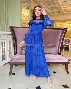 Party Dresses Royal Blue Long Sleeves Prom High Neck Pleated Ankl längd Saudiarabien Kvinnakvällsklänning