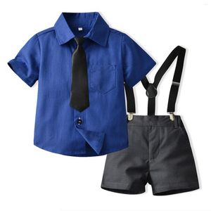 Kleidungssets Kinderjungen Sommeranzug kurzärärmisches weißes Hemd mit Krawatte Dunkelblau Shorts Performance Gentleman Big Set