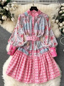 Casual Dresses 2024 Spring Summer Cartoon Pink Print Holiday Dress Women's Stand Long Sleeve Single Breasted Belt Shirt Loose a Line