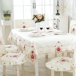 Masa bezi yemek masa örtüsü bej saten yuvarlak kapak Avrupa lüks işlemeli gül sandalye toz geçirmez ev dekorasyonu 240428